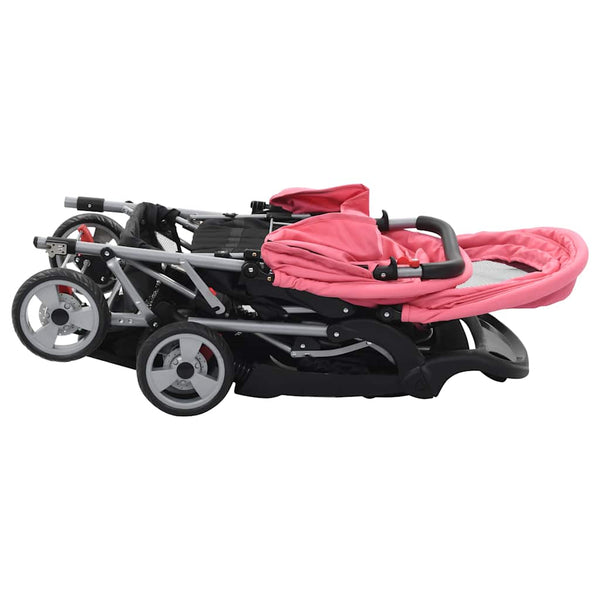 vidaXL Poussette double en acier rose et noir