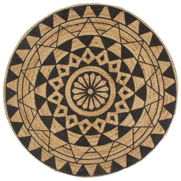 Teppich Handgefertigt Jute Schwarzer Druck 90 cm
