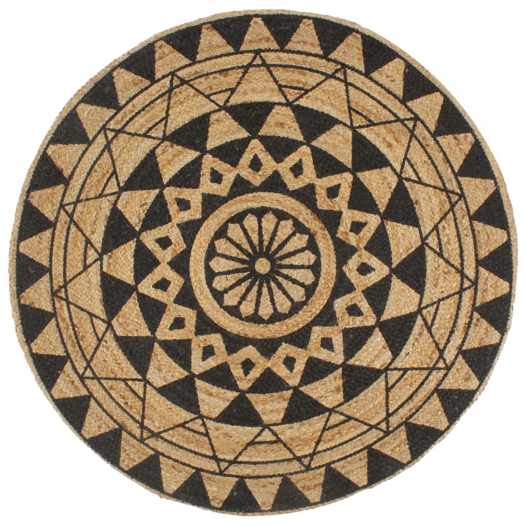 Teppich Handgefertigt Jute Schwarzer Druck 90 cm