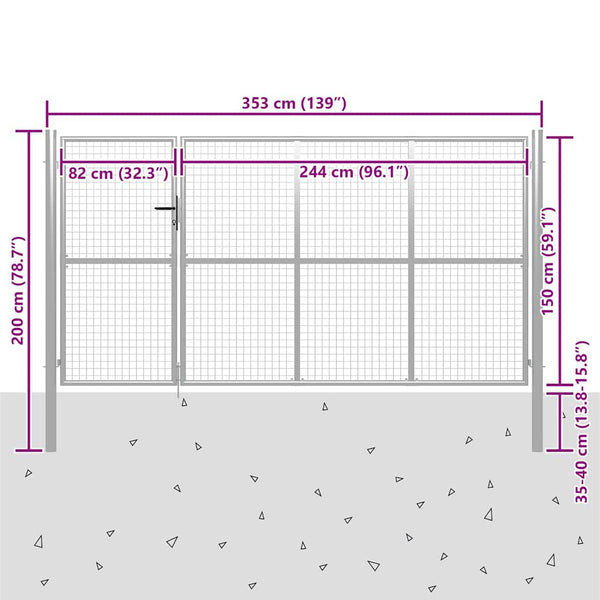Gartentor Stahl 350 x 150 cm Silbern