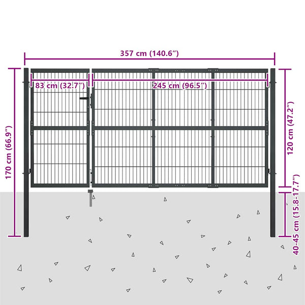 Gartentor mit Pfosten Stahl 350 x 120 cm Anthrazit