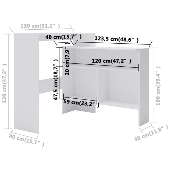 vidaXL Table de bar avec 2 plateaux Blanc 130x40x120 cm