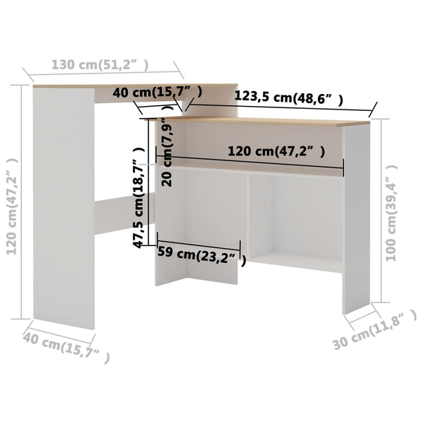 vidaXL Table de bar avec 2 plateaux Blanc et chêne 130x40x120 cm