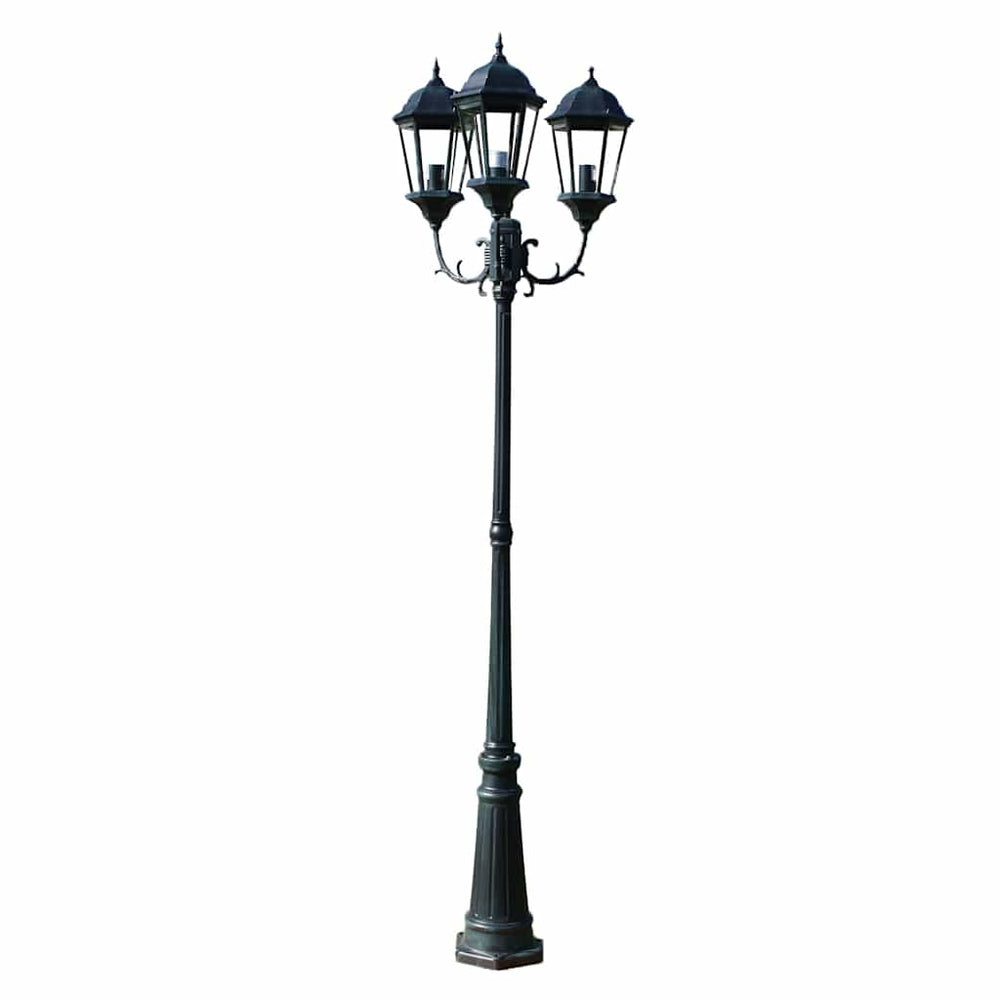 3-flammige Gartenlaterne, 230cm, Dunkelgrün/Schwarz