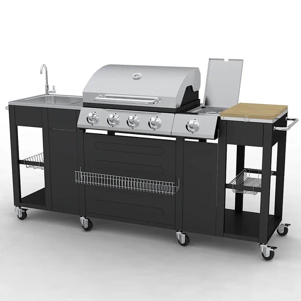 Gasgrill mit 4+1 Flammen, Schwarz
