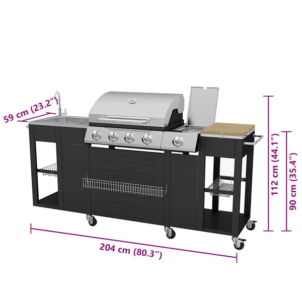 Gasgrill mit 4+1 Flammen, Schwarz