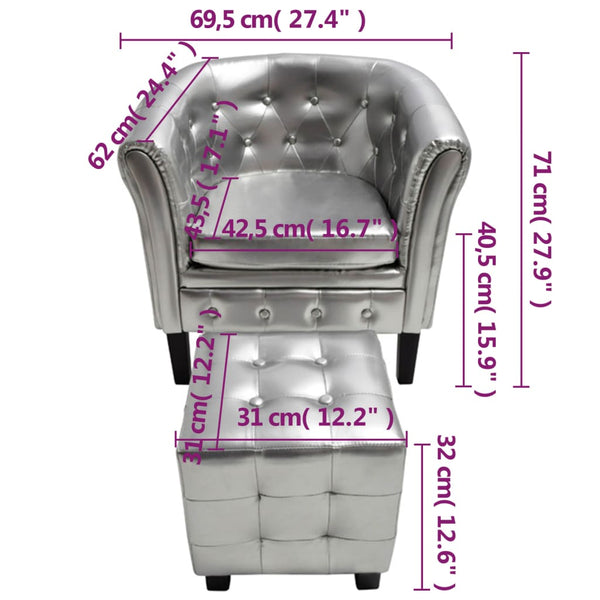 vidaXL Fauteuil avec repose-pieds argenté en similicuir