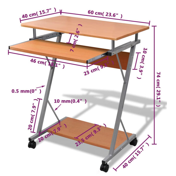 Table d'ordinateur Chariot d'ordinateur Table PC Table de bureau Portable sur roulettes marron