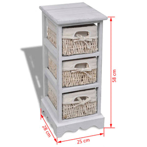 Holz-Schränkchen mit 3 Flechtkörben Weiß