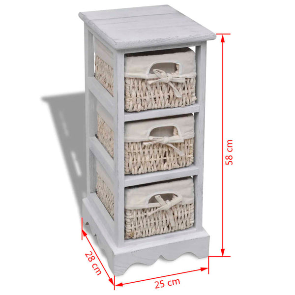 Holz-Schränkchen mit 3 Flechtkörben Weiß