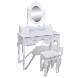 Schminktisch mit Spiegel & Hocker, 7 Schubladen, Weiß