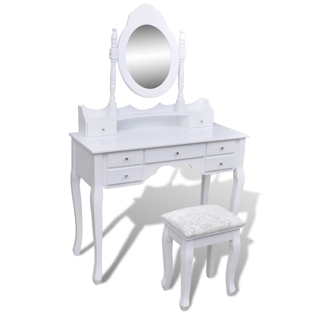 Schminktisch mit Spiegel & Hocker, 7 Schubladen, Weiß
