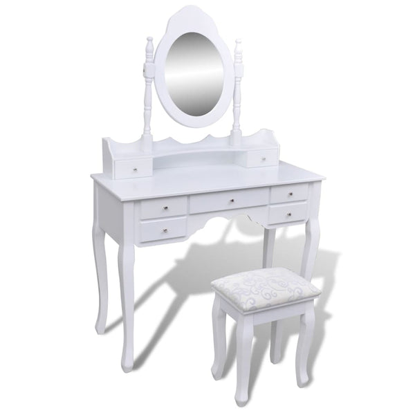 Schminktisch mit Spiegel & Hocker, 7 Schubladen, Weiß