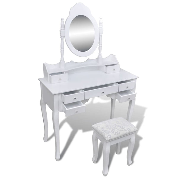 Schminktisch mit Spiegel & Hocker, 7 Schubladen, Weiß