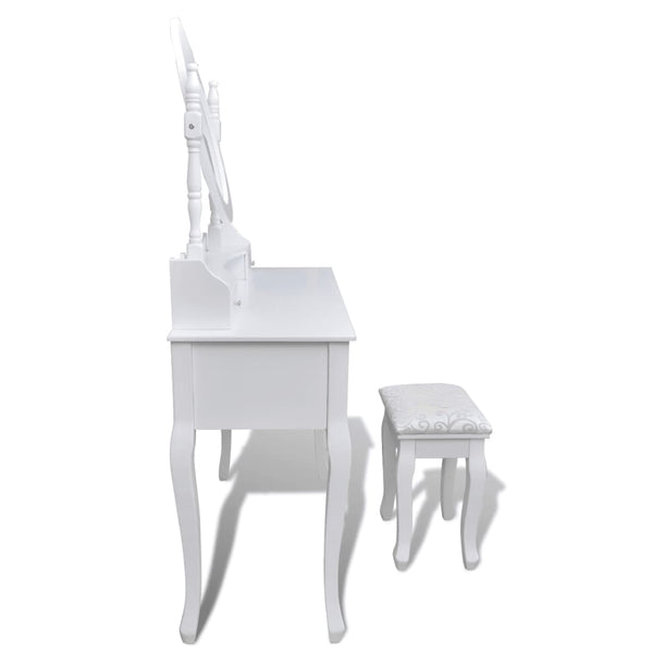 Schminktisch mit Spiegel & Hocker, 7 Schubladen, Weiß