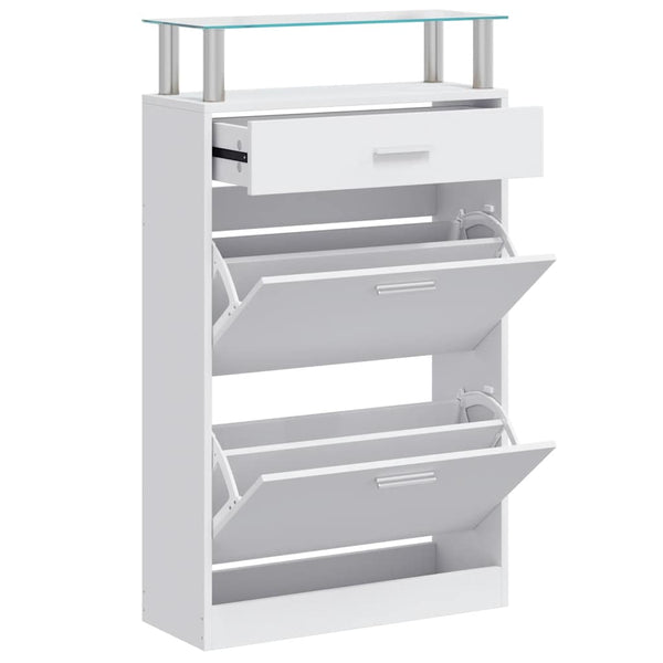 Schuhschrank mit Schubfach und oberem Glasregal Holz Weiß