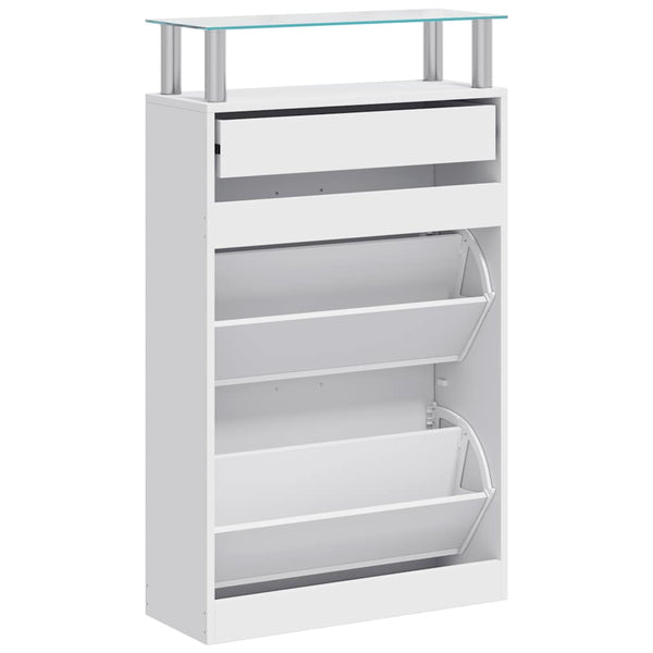Schuhschrank mit Schubfach und oberem Glasregal Holz Weiß