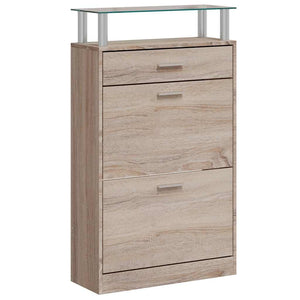 Schuhschrank mit Schubfach & oberes Glasregal Holz Eichenoptik