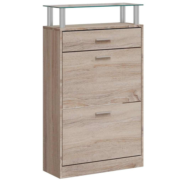 Schuhschrank mit Schubfach & oberes Glasregal Holz Eichenoptik