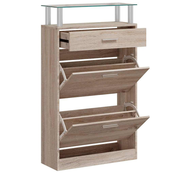 Schuhschrank mit Schubfach & oberes Glasregal Holz Eichenoptik