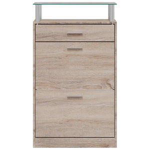 Schuhschrank mit Schubfach & oberes Glasregal Holz Eichenoptik