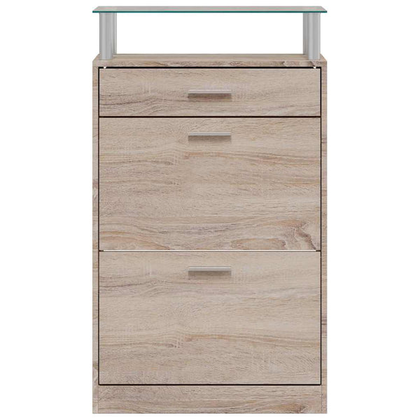 Schuhschrank mit Schubfach & oberes Glasregal Holz Eichenoptik