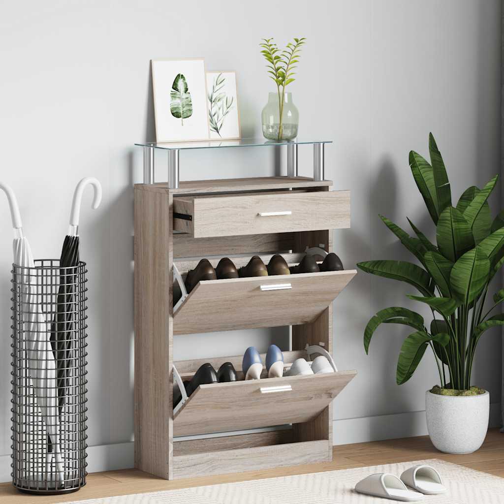 Schuhschrank Eichenoptik mit Schublade & Glasregal