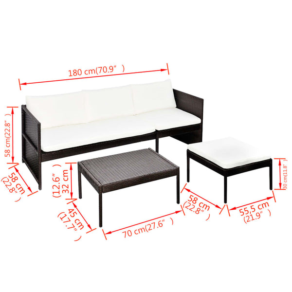 3-tlg. Garten-Lounge-Set mit Auflagen Poly Rattan Braun