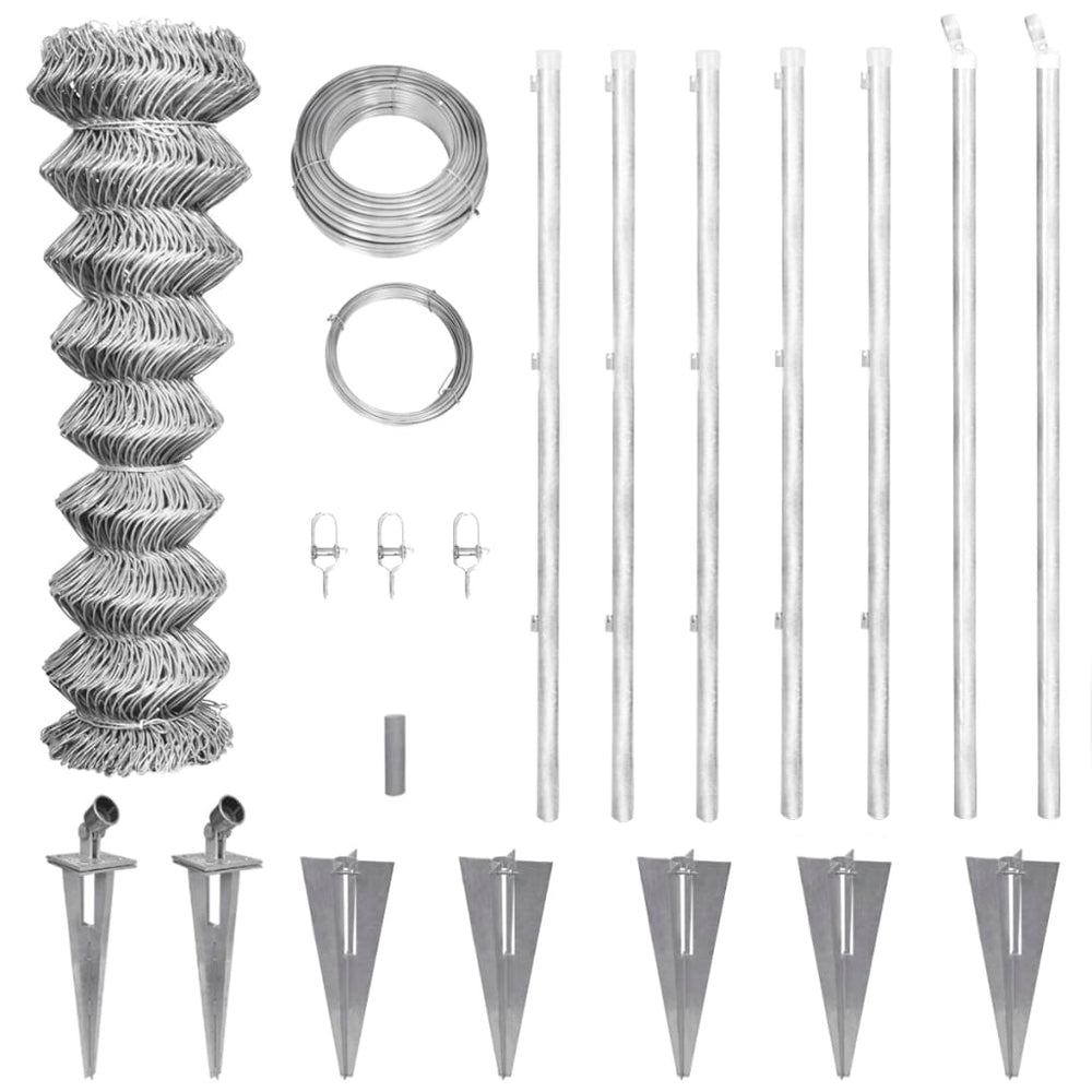 vidaXL Chain Link Fence with Posts Ground Spikes Galvanized Steel 15x0.8m