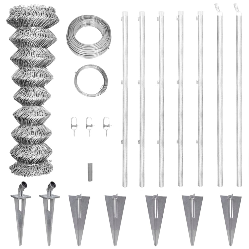 vidaXL Chain Link Fence with Posts Ground Spikes Galvanized Steel 15x1m
