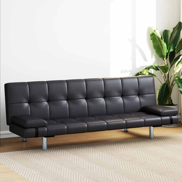 Schlafsofa mit 2 Kissen Kunstleder Ausziehbar Schwarz