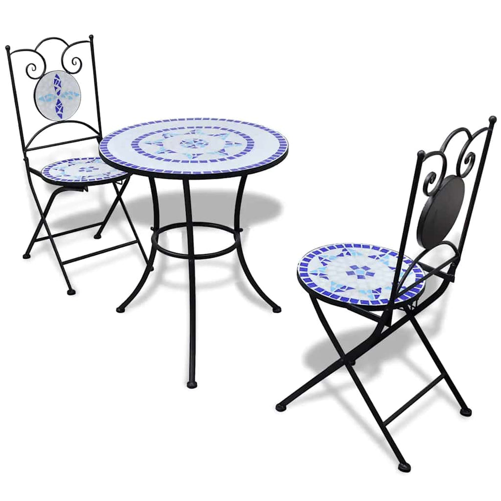 vidaXL Ensemble de bistro 3 pièces en mosaïque bleu et blanc