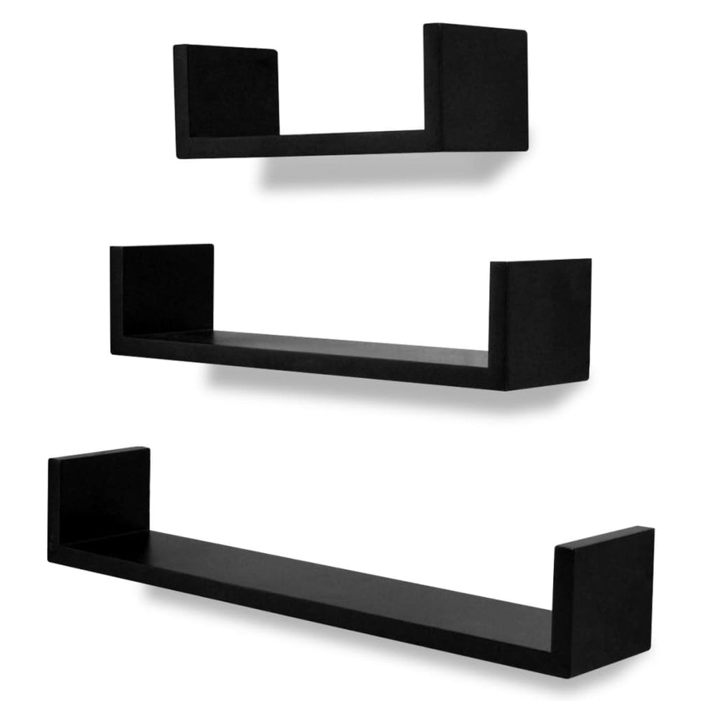 3-piece U-shaped Wall Shelf Set for Books DVD MDF Black