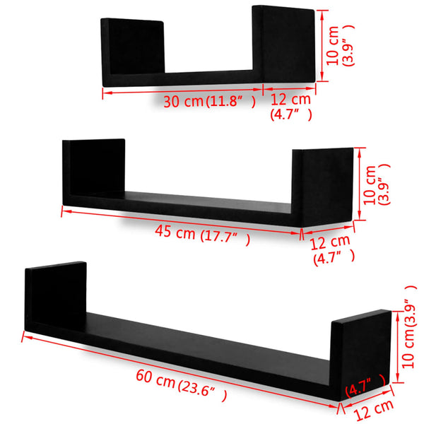 3er U-Form Wandregal Set Schwarz