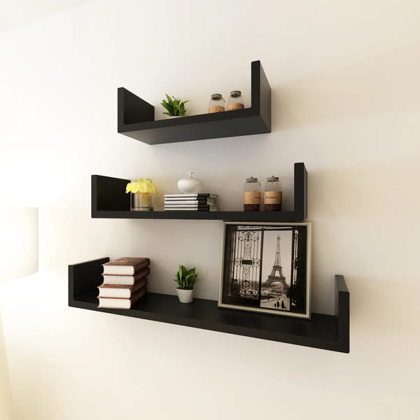 3-tlg. Wandregal-Set U-Form für Bücher DVD MDF Schwarz