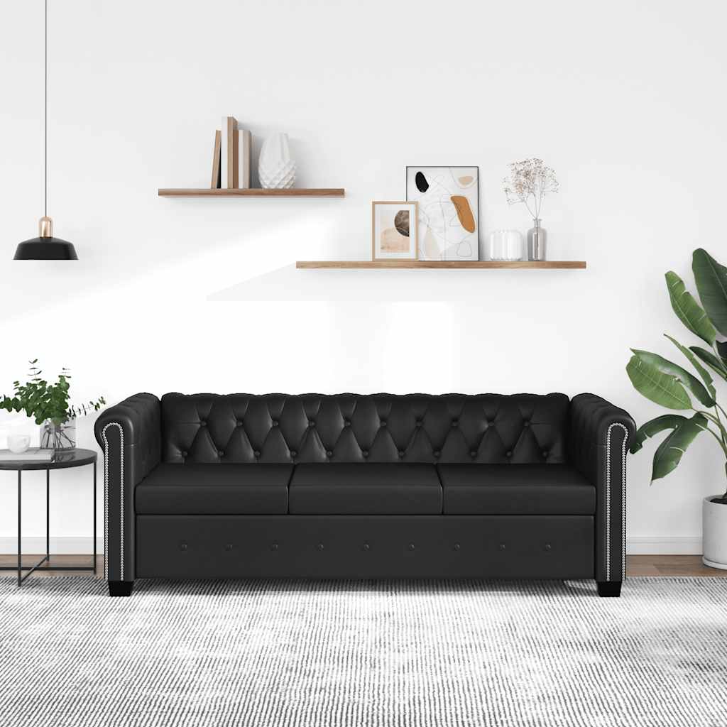 Chesterfield Sofa 3-Sitzer Schwarz Kunstleder