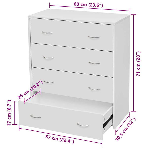 Kommode mit 4 Schubladen 60×30,5×71 cm Weiß