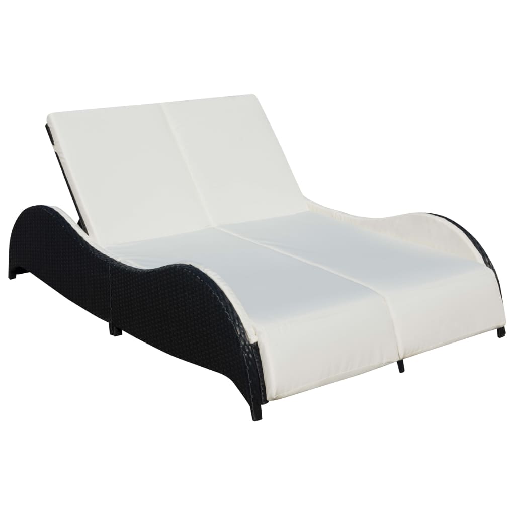 Doppel Sonnenliege mit Auflage, Poly Rattan Schwarz