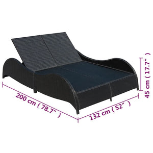 Doppel Sonnenliege mit Auflage, Poly Rattan Schwarz