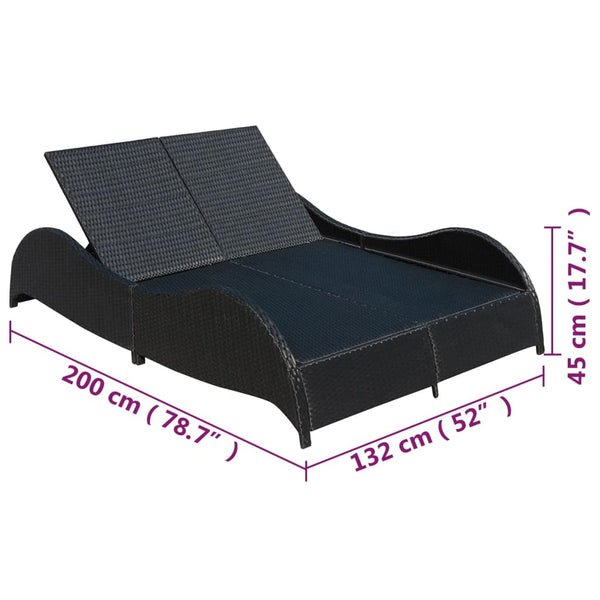 Doppel Sonnenliege mit Auflage, Poly Rattan Schwarz