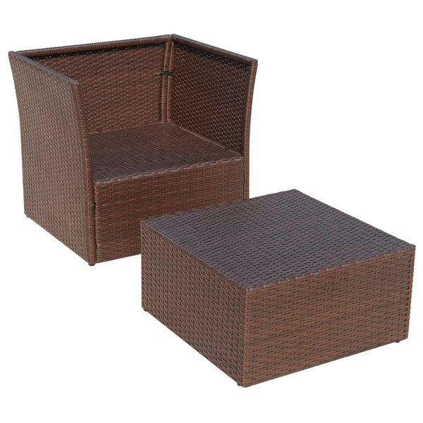 Gartensessel mit Fußhocker, Poly Rattan Braun