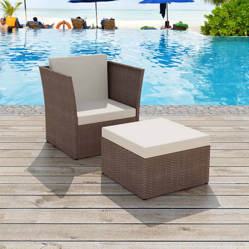 Gartensessel mit Fußhocker, Poly Rattan Braun