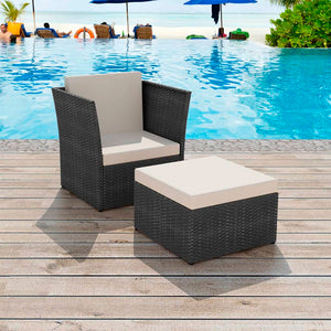 Gartensessel mit Hocker, Poly Rattan, Schwarz