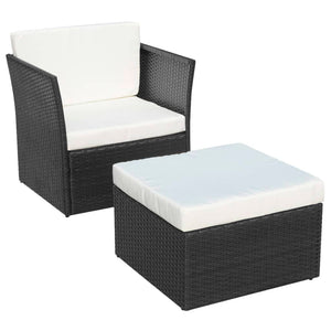 Gartensessel mit Hocker, Poly Rattan, Schwarz