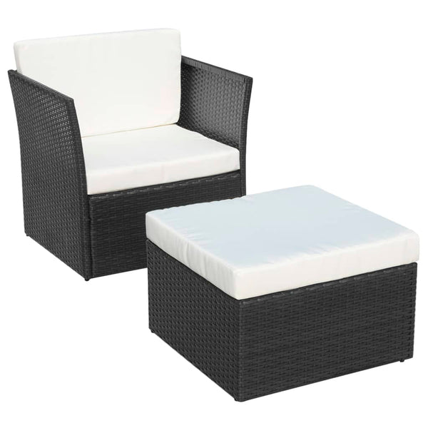 Gartensessel mit Hocker, Poly Rattan, Schwarz