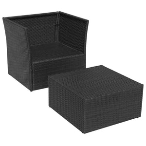 Gartensessel mit Hocker, Poly Rattan, Schwarz