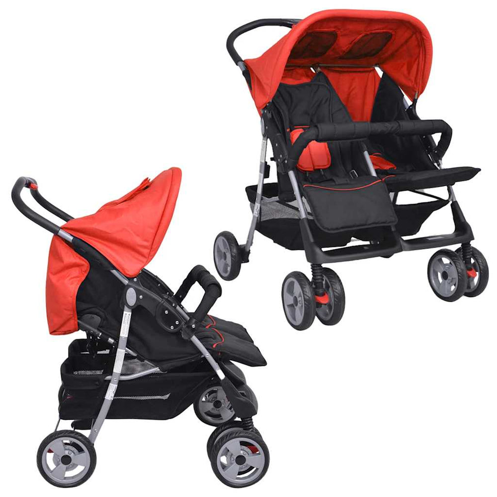 vidaXL Poussette double en acier rouge et noir