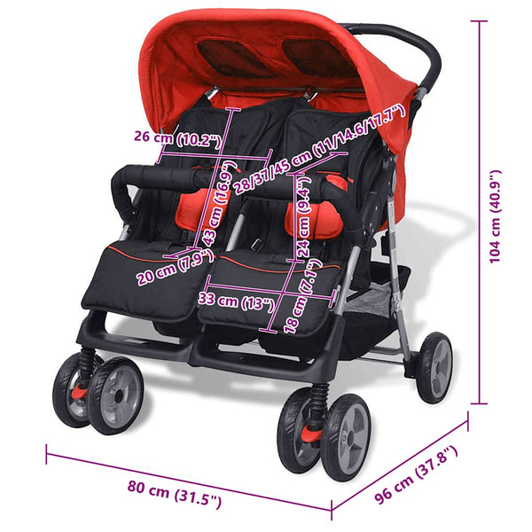 vidaXL Poussette double en acier rouge et noir
