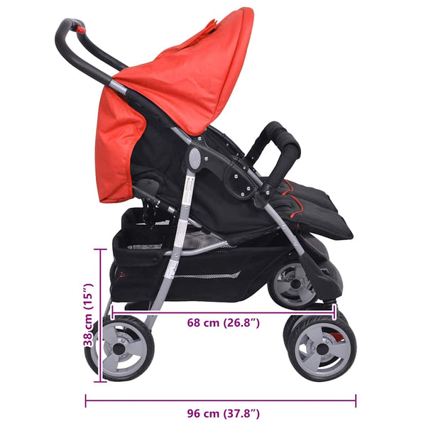 Zwillingskinderwagen Stahl Rot und Schwarz