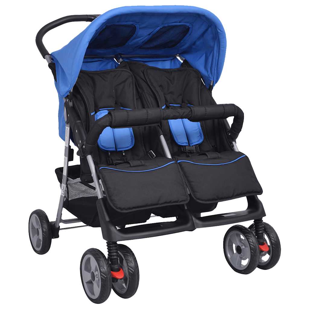 vidaXL Poussette double en acier bleu et noir